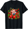 Kawaii Strawberry Piglet Farm Harvest Cute Farmer Pig Strawberry Patch Berry Picking T-Shirt - Black