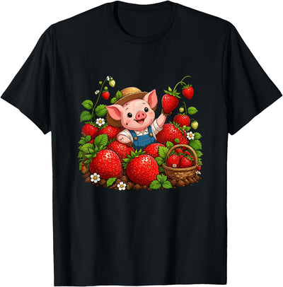 Cute Farmer Pig Strawberry Patch Berry Picking T-Shirt