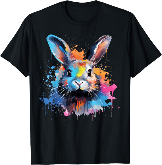 Colorful Cute Netherland Dwarf Rabbit Lover Splash Art T-Shirt in Black