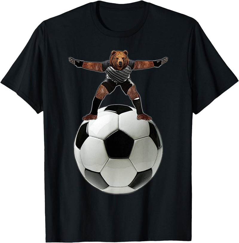 Behrbones Clothing Bear Goalie On Soccer Ball - by Behrbones T-Shirt - Black