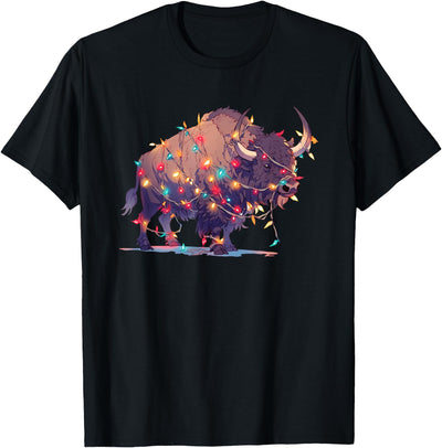 Cow Bison Wrapped in Christmas Lights Xmas Bison Buffalo T-Shirt