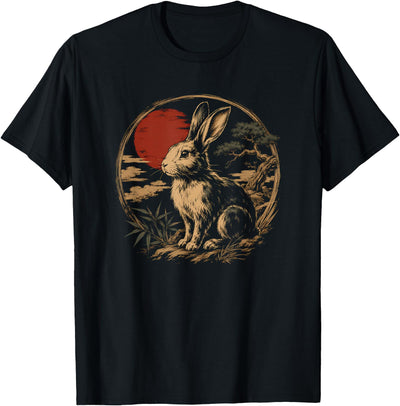 Gold Rabbit Silhouette in Sun Circle, Japanese Art Tee