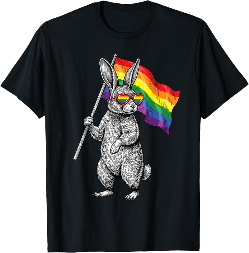 LGBTQ Pride Month Bunny Rainbow Gay Flag LGBT Ally Rabbit T-Shirt in Black