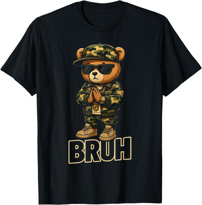 Camo Hip Hop Teddy Bear Bruh Mens Boys Stylish Streetwear T-Shirt