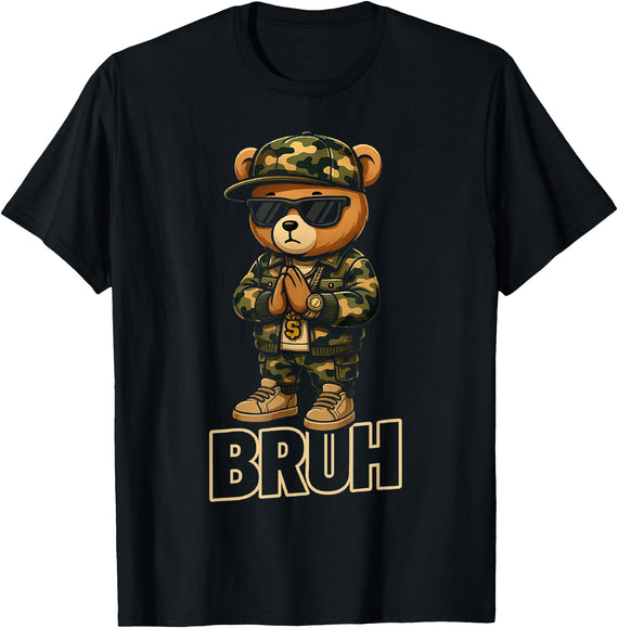 Camo Teddy Bear Hip Hop Streetwear Men's Designs Camo Hip Hop Teddy Bear Bruh Mens Boys Stylish Streetwear T-Shirt - As Pictured