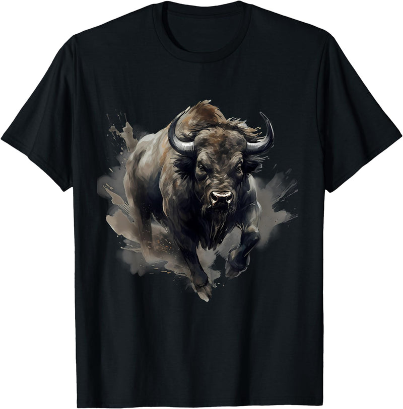 Safari Animal Art Buffalo Animal Print Splash Motif Bison Drawing Wildlife T-Shirt - Black