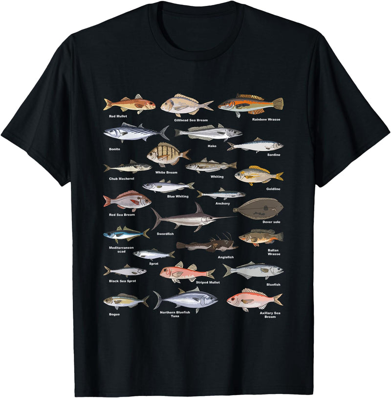 Botanical Chart Apparel Co. Vintage Fish Identification Chart Fishing T-Shirt Small - Black