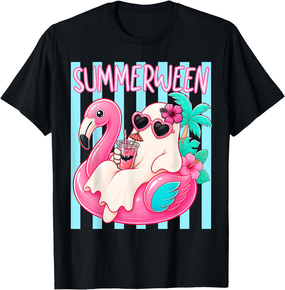 Funny Summerween Ghost Summer Halloween Vacation Summerween Funny Ghost Halloween Summer Floating in Flamingo T-Shirt - Black