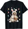 Cute Easter Bunny Rabbit with Eggs Whimsical Sloth Design T-Shirt in Black