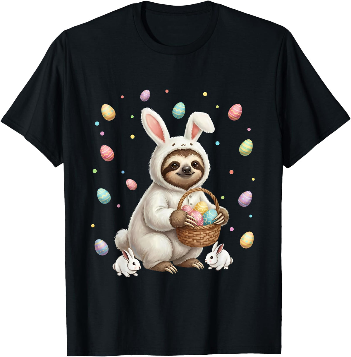 Cute Easter Bunny Rabbit with Eggs Whimsical Sloth Design T-Shirt in Black