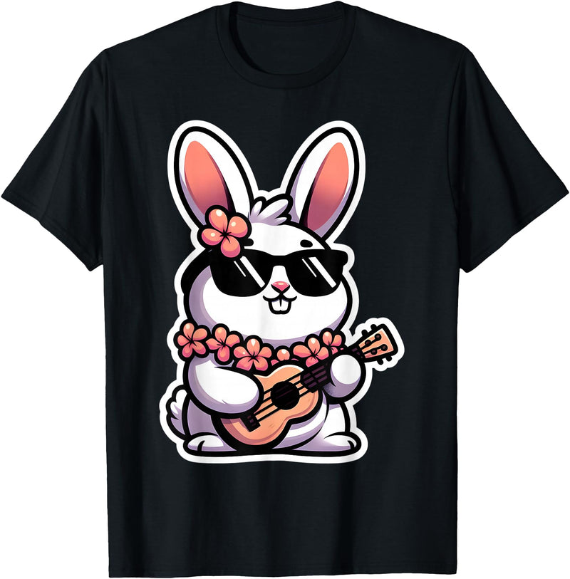 Easter Bunny Rabbit Playing Ukulele Player Musician Hawaii T-Shirt in Black