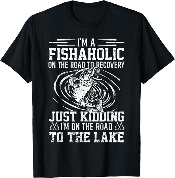 Funny Fishing Lover Gift for Fisherman Funny Fish-Aholic On The Road To The Lake Fishing Fisherman T-Shirt - Black