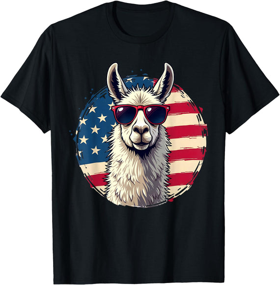 Funny Llama Alpaca Animal Lover Gifts Clothing Llama Alpaca American Flag USA Patriotic T-Shirt - Black