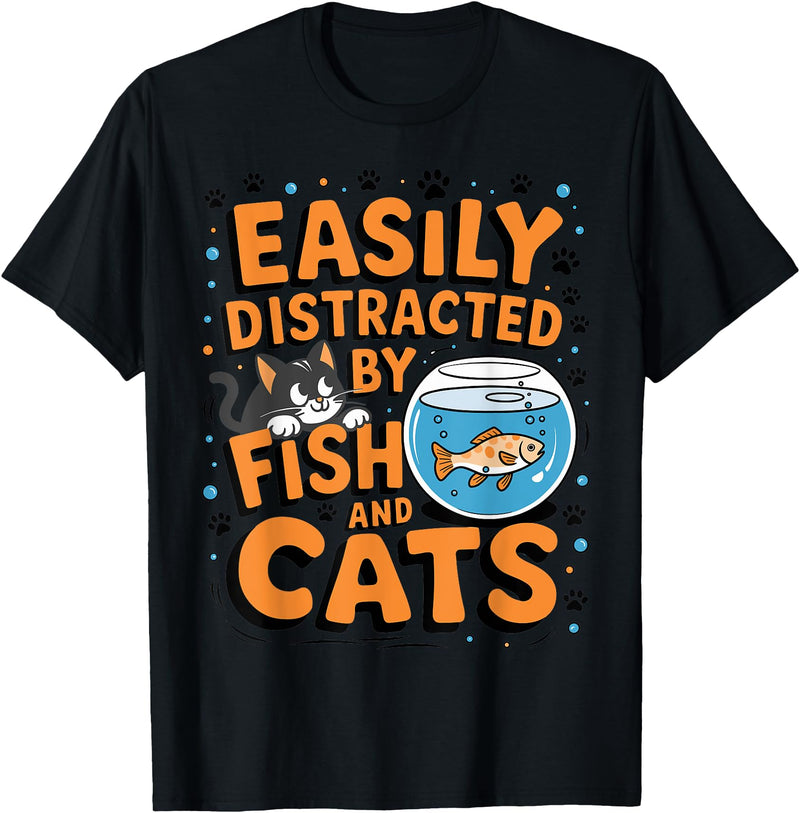 Easily distracted by Apparel Easily Distracted by Fish and Cats T-Shirt - Black