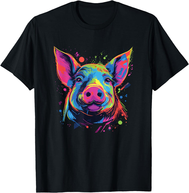 Retro Pig Poparts Tees Watercolor Colorful Pig T-Shirt - Black
