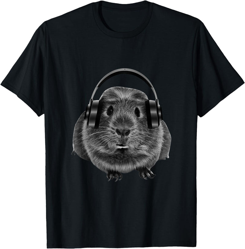 ROSS BOSS Funny Guinea Pig Graphic Tees Guinea Pig Shirt Headphones T-Shirt - Black