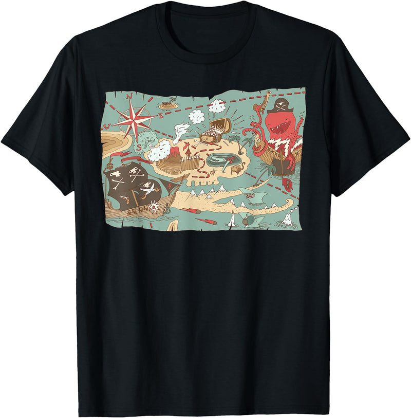 Mel & Bear Treasure Map Ship Sharks Pirates & Skulls Shirt Boys Kids T-Shirt - Black