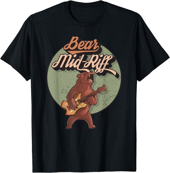 Vintage Retro Rock and Roll graphic design Apparel ' Bear Mid-Riff ' funny novelty pun on bare midriff vintage T-Shirt - Black
