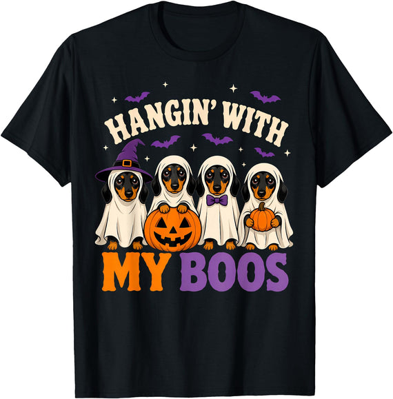 Spooky Halloween Costume Kids Men Women Gifts Hanging with My Boos Funny Dachshund Ghosts Dogs Halloween T-Shirt - Black