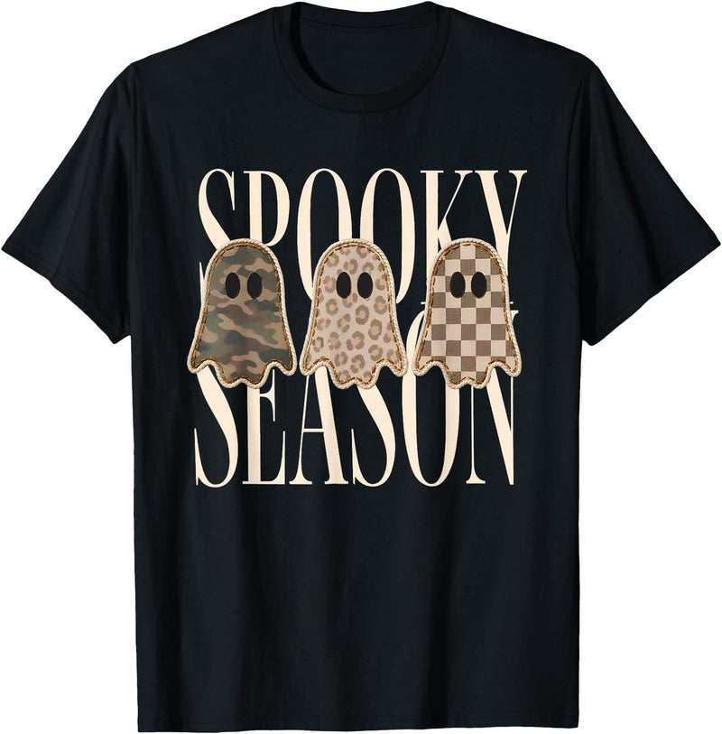 Spooky Season Ghost Halloween Shirt Spooky Season Leopard Camo Checkered Ghost Halloween Fall T-Shirt - Black
