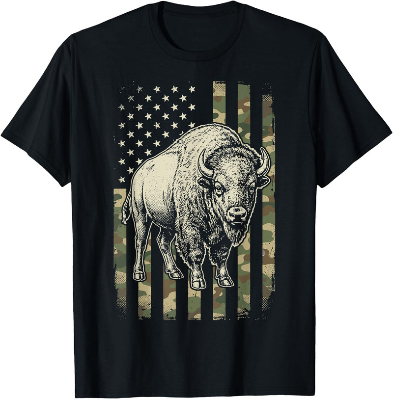 Usa Patriot American Bison Western Bufallo Bison USA Flag American Buffalo 4th of July T-Shirt - Black