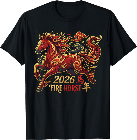chinese new year outfits firehorse 2026 Chinese New Year of The Horse 2026 Fire Horse China Lunar T-Shirt - Black