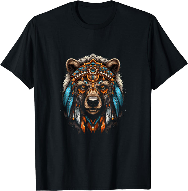 Native American Day American Indian Pride Bear Native American Indian Headdress Feather Tribal Bears T-Shirt - Black