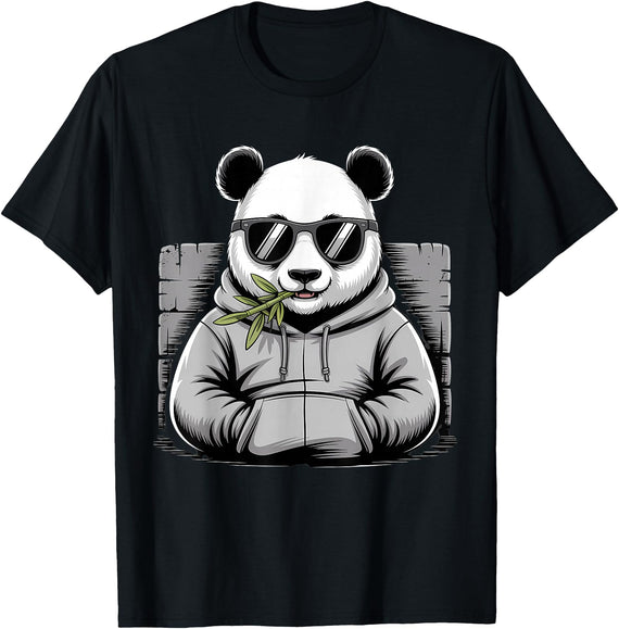 Forest Animal Art Panda with Sunglasses Graphic Motif Animal Funny Panda Bear T-Shirt - Black