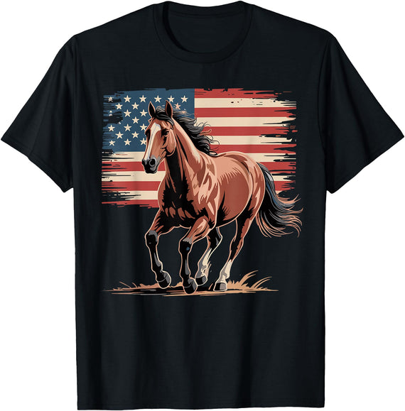 Patriotic Farm Horseback Riding 4th Of July Horse Patriotic American Horse USA Flag Western T-Shirt - Black