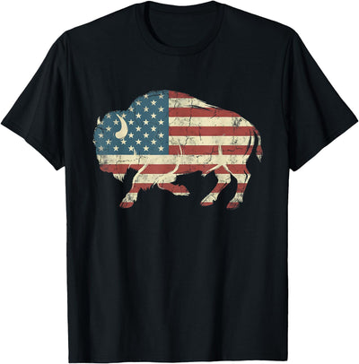 Cow Vintage Buffalo American Flag Bison Western T-Shirt