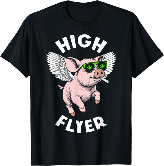 Grandio Design Funny Stoner Weed Cannabis Pot THC 420 Marijuana Funny Pig Lover High Flyer Stoner Weed Pot T-Shirt - Black
