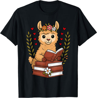 Bookworm Cute Llama Reading Book Llama Reading Book Graphic Llama with Book Floral T-Shirt - Black