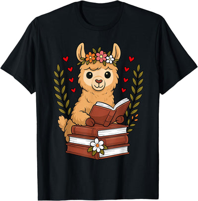 Bookworm Cute Llama Reading Book Llama Reading Book Graphic Llama with Book Floral T-Shirt