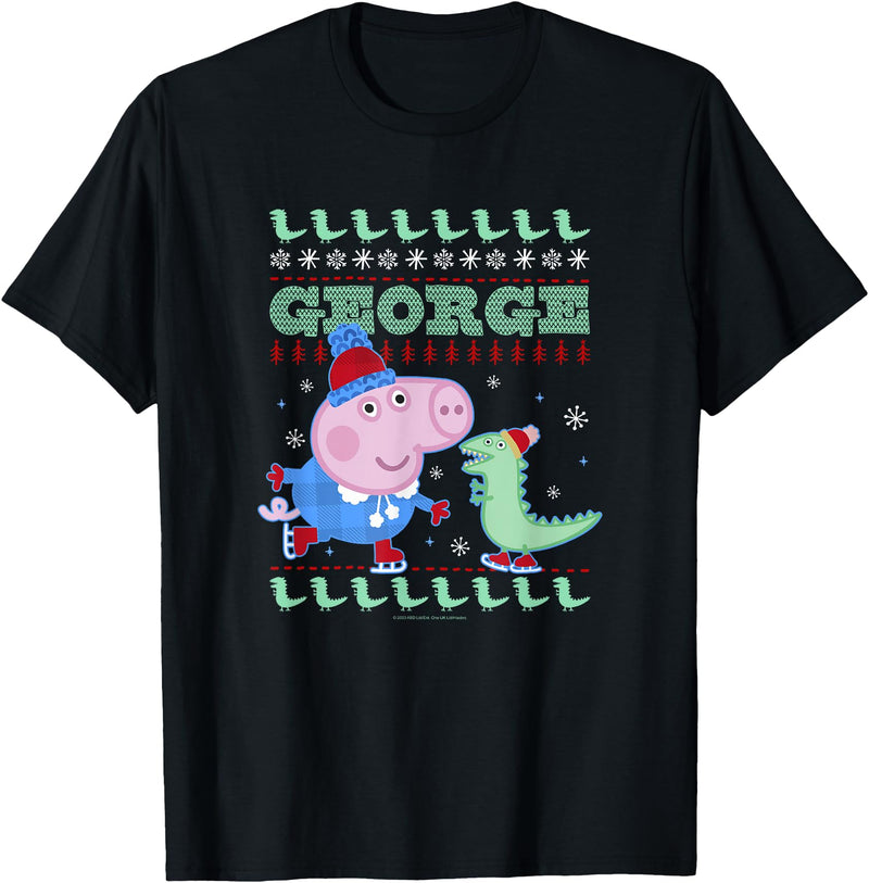 Peppa Pig George Pig Ice Skating Ugly Christmas Sweater T-Shirt - Black