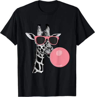 Funny Cool Giraffe Pink Bubble Gum and Pink Sunglasses Cute T-Shirt