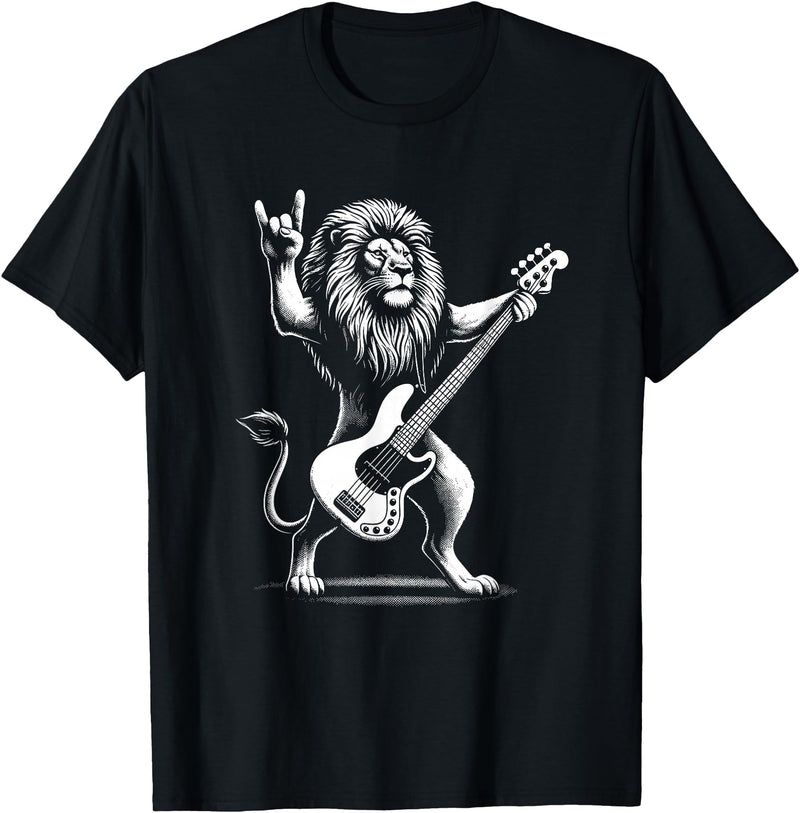 Funny Guitar Lion Lovers Costume for Guitarist Rock n Roll Lion Playing Guitar Funny Men Women Lion T-Shirt - Black