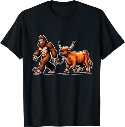 Bigfoot and Scottish Highland Cow Walking Humor Bigfoot T-Shirt