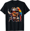 Funny Pirate Highland Cow Apparel Pirate Highland Cow with Colorful Parrot T-Shirt - Black