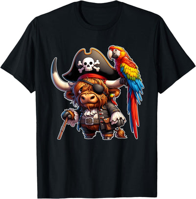 Pirate Highland Cow with Colorful Parrot T-Shirt