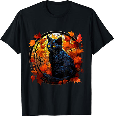 Halloween Cats Halloween Black Cat Stained Glass Autumn Leaves T-Shirt