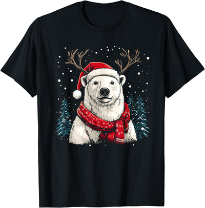 Polar Bear Reindeer Santa Hat Christmas Pajama Funny Xmas T-Shirt