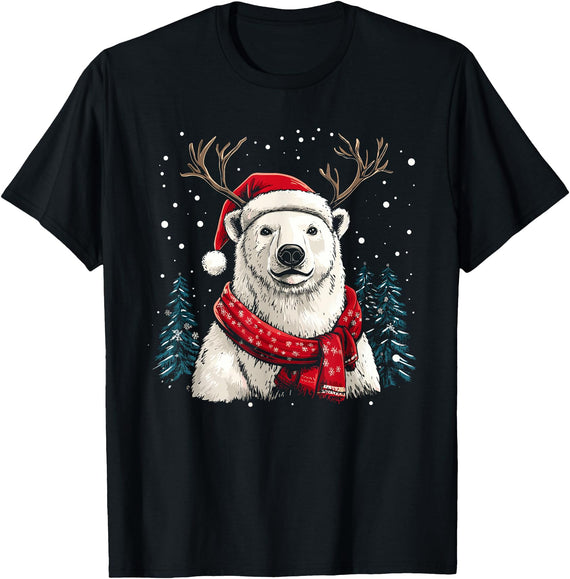Funny Polar Bear Christmas Santa Hat Outfits Polar Bear Reindeer Santa Hat Christmas Pajama Funny Xmas T-Shirt - Black
