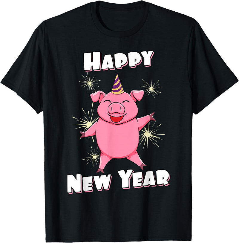 Funny New Year Outfit & New Year Gift Happy New Year Piggy Pig New Year Eve T-Shirt - Black