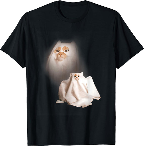 Wizard Funny Ghost Cat Meme Halloween Ghost Kitten Vintage Halloween Cat Funny Meme Cringe Spooky T-Shirt - Black