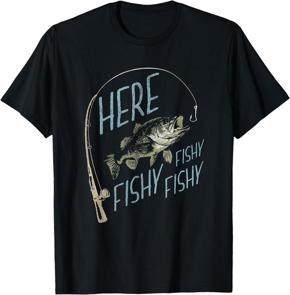 Classic Fishing Outdoors Designs Here Fishy Funny Fishing T-Shirt - Black