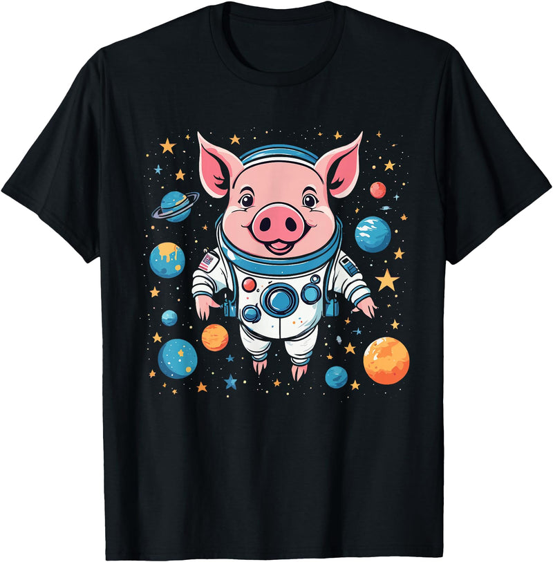 Solar System Designs Pig in Space - Cute Funny Astronaut Pig with Planets STEM T-Shirt - As Pictured