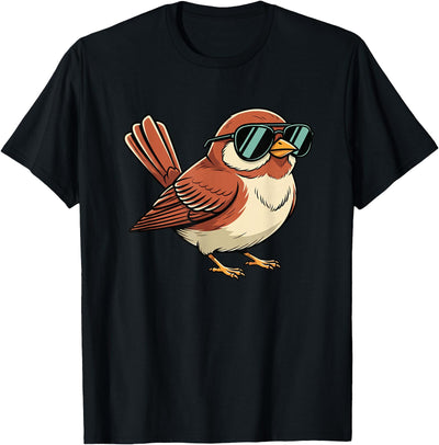Chipper Feather Co Bird: Sparrow in Sunglasses, Cool Cartoon Avian Attitude T-Shirt