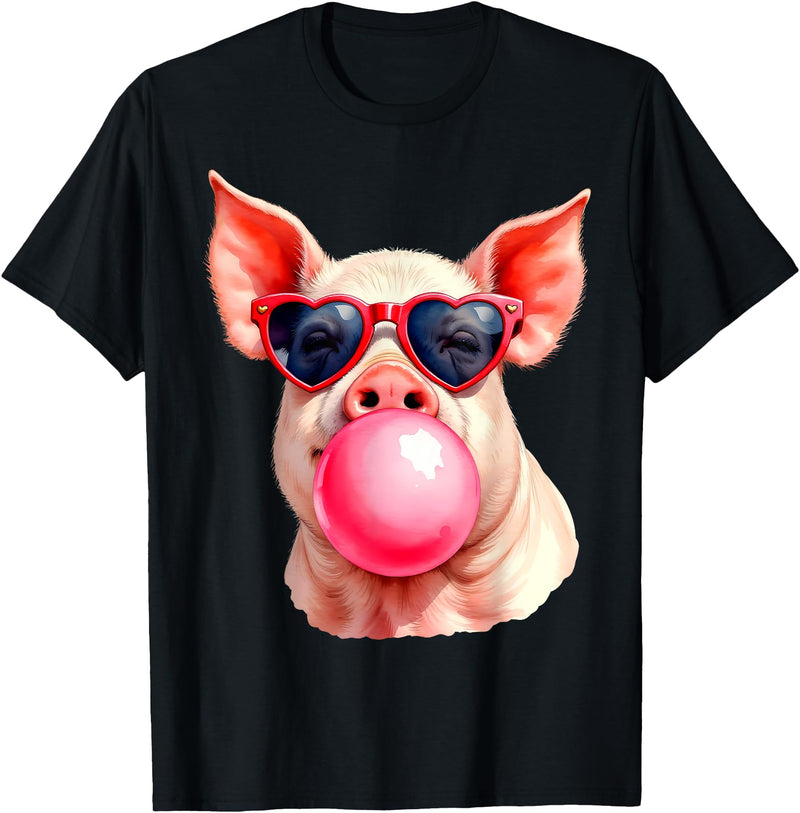 Pig Humor Designs Womens Pig Blowing Bubble Funny Pig T-Shirt - Black
