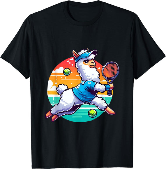 Funny Cute Animals Playing Tennis Apparel Llama Playing Tennis in Front of a Sunset T-Shirt - Black
