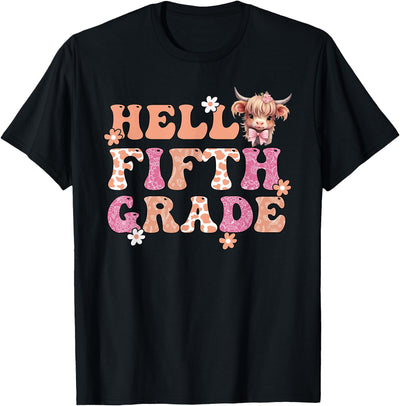 Highland Cow Print First Day of Fifth Grade Hello Back T-Shirt